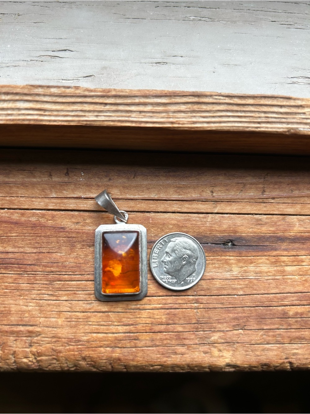 Amber Rectangle Pendant Sterling-Style Silver Tone Necklace Charm